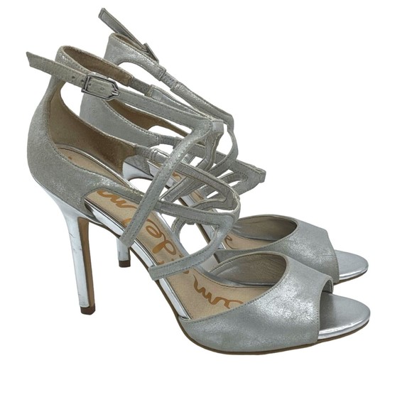 Sam Edelman Aeryn Leather Sandal Silver Strappy Stiletto  Heels Women Size 9 - Picture 1 of 15